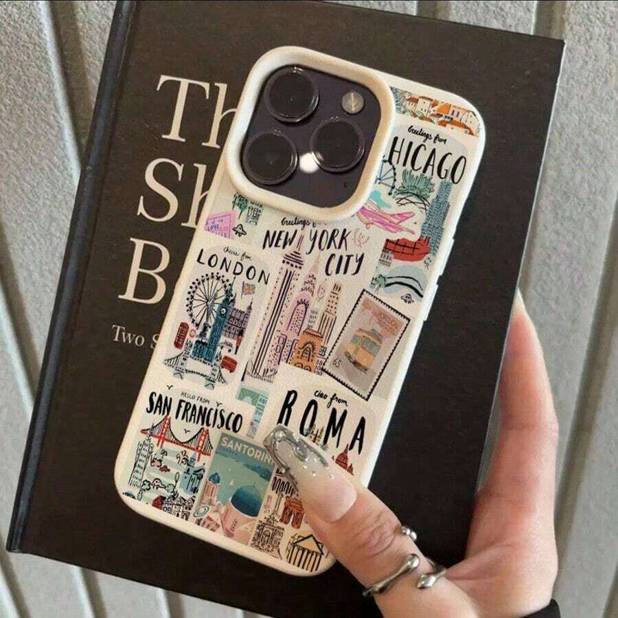 Travel 1pc TPU Material Vintage City Building Pattern Phone Case Compatible With IPhone Waterproof Shockproof Anti-Fall Scratch Resistant - trắng - Xem 1