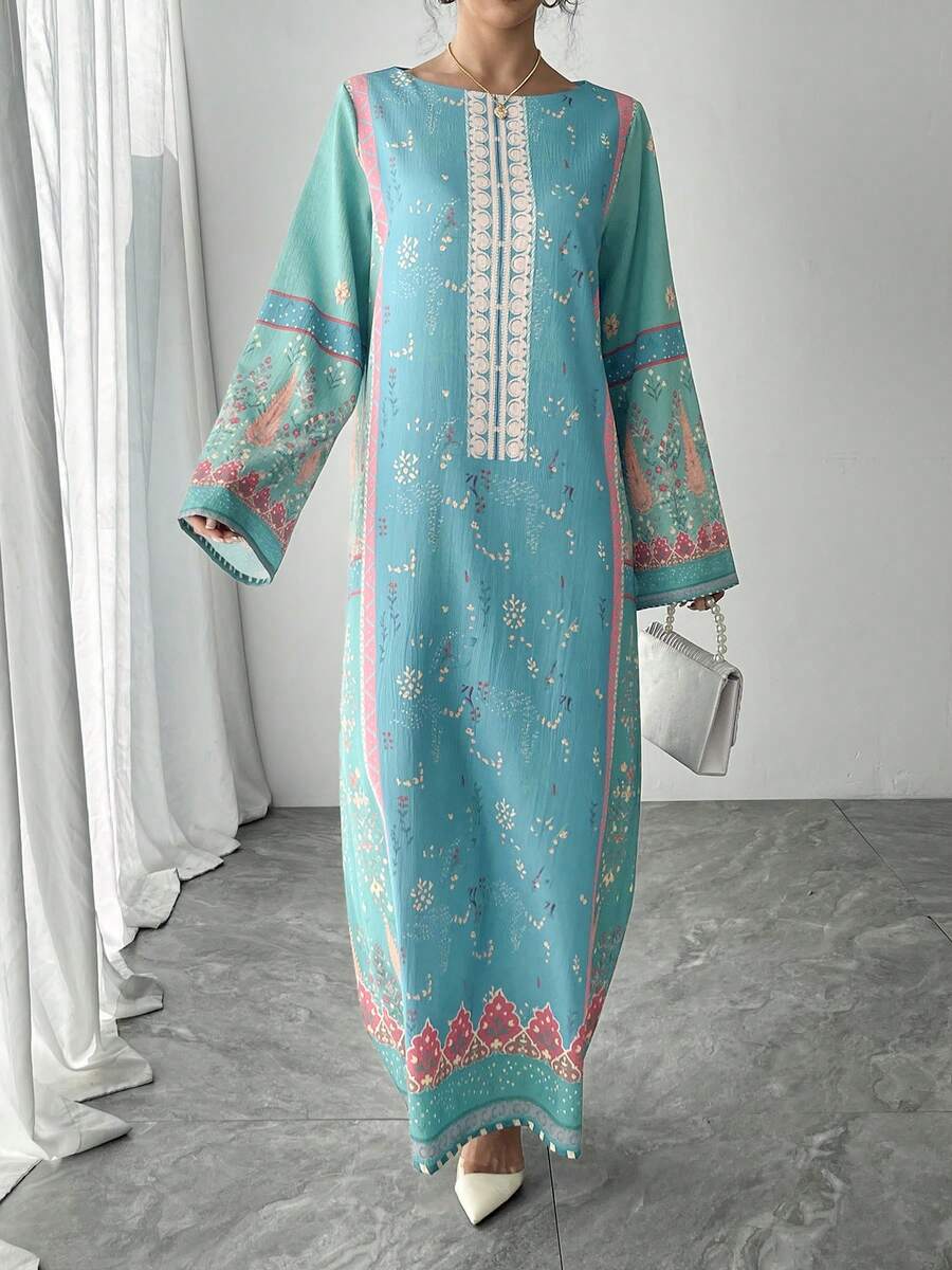 一件装女士传统阿拉伯风格长袖连衣裙，蓝色花卉印花，优雅奢华度假/派对礼服，宫廷风格，旅行装，夏季连衣裙，送给妈妈/姐妹/女儿的礼物，春夏假期 - 綠色 - 查看 1