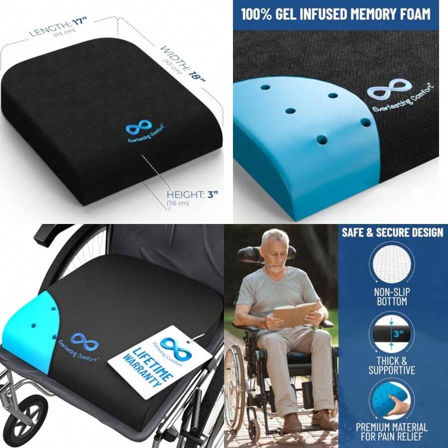 Gel Memory Foam Wheelchair Cushions For Pressure Relief Ventilated And Soft Wheel Chair Cushion Pad For Seniors And Adults NonSlip Removable Cover Wheelchair Accessories - 黑色凝膠注入 - 查看 1