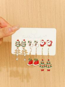 6 أزواج من أقراط مجموعة مجوهرات هدية عيد الميلاد المفاجئة للنساء، قطرات زيتية مرصعة بالراين ستون على شكل شجرة عيد الميلاد والأجراس، تخلق أجواء عيد الميلاد