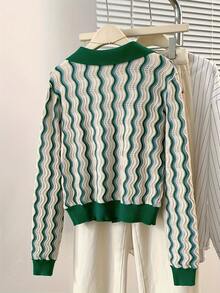 ii Women's Contrast Color Block Collar Front Button Long Sleeve Casual Striped Cardigan Sweater