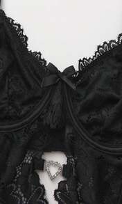 Foxiny Sexy Stocking Underwire Push Up Rhinestones Heart Floral Lace Mesh Sheer Garter Bodysuit Skirt Lingerie Set 3 Piece - MàuP - Xem 4