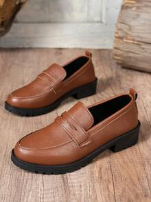 Sepatu Loafer Wanita Cokelat Serbaguna, Sepatu Flat Slip-On Ujung Bulat Kulit PU Lembut Musim Semi/Gugur Terbaru, Ukuran Besar, Sepatu Kasual Gaya Inggris untuk Kerja/Perjalanan - Coklat - View 6