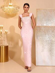 New Sexy Yellow Heavily Embellished Pearl & Rhinestone Off-Shoulder Bandage Maxi Dress, Elegant Women's Birthday Party, Wedding Guest, Formal Dinner, Christmas Party Gown - Pink - View 1