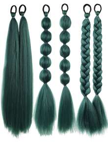 1-2pcs 26 Inch Deep Green DIY Braiding Hair Extensions | Women's Synthetic Yaki Straight Heat Resistant Fluffy Ponytail | Suitable For Halloween, Christmas, Holiday Parties - Dark Green - View 5