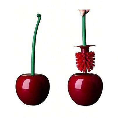 Escobilla de baño creativa con soporte para platos y mango largo, herramienta de limpieza del hogar para el baño con base para almacenamiento y organización, cerdas gruesas para una limpieza profunda: antioxidante, antifugas, forma de cereza roja, accesorios de baño, 1 pieza