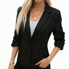 [Women's Office Work Suit Blazer] Solid Color Button Front Blazer, Elegant Long Sleeve Lapel Collar Blazer For Office & Work, Women's Clothing, Flap, Suit - màu đen - Xem 10