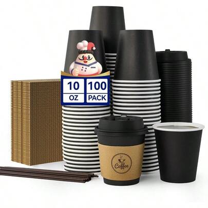 100 Count 10 Oz Coffee Cups With Lids Sleeves And Stirrers For Home Office Kitchen Cafes Disposable Hot Paper Cups For All Kinds Of Beverages