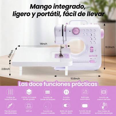 Máquina De Coser Eléctrica Portátil Mini Doméstica Multifuncional De 12 Agujas Kit Costura Y Pedal Luz Led Con Mesa De Expansión