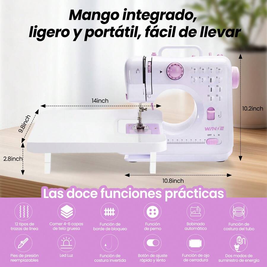 Máquina De Coser Eléctrica Portátil Mini Doméstica Multifuncional De 12 Agujas Kit Costura Y Pedal Luz Led Con Mesa De Expansión