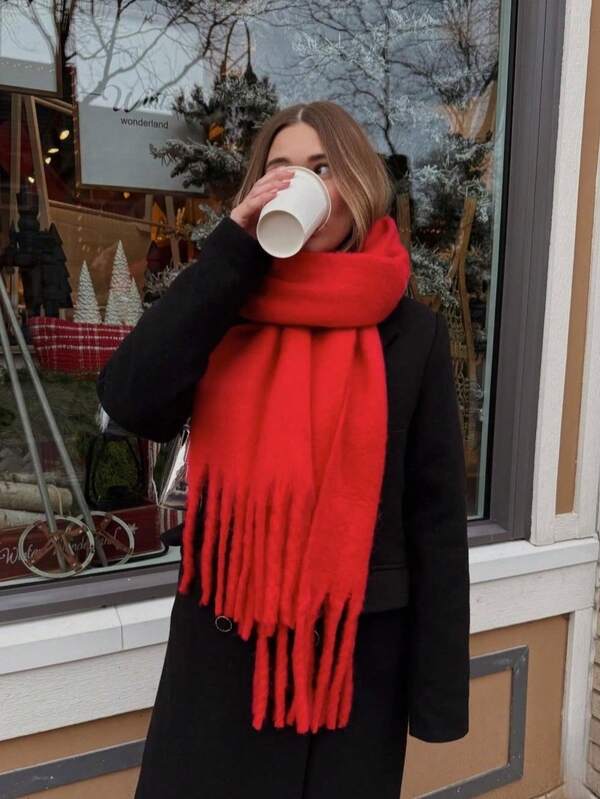 Cachecol feminino grosso de cor sólida (1 unidade), xale grande com franjas de alta qualidade, clássico, versátil, quente e confortável, ideal para uso diário e para se manter aquecida no outono/inverno. Ótima opção de presente de Natal.