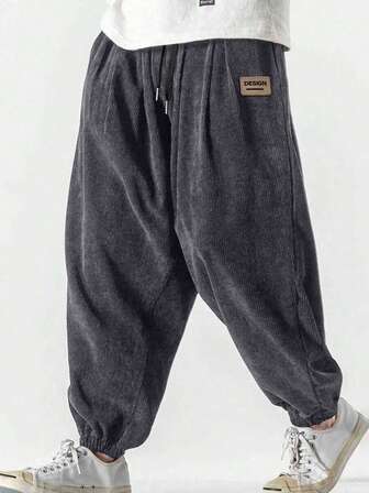 Men's Letter Printed Corduroy Casual Loose Fit Ankle Banded Warm Pants, Streetwear, Autumn/Winter