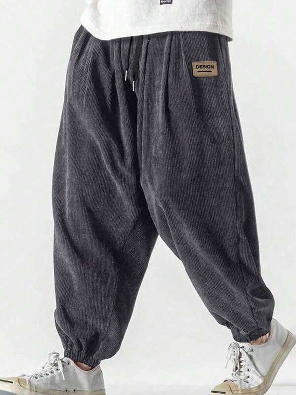 Men's Letter Printed Corduroy Casual Loose Fit Ankle Banded Warm Pants, Streetwear, Autumn/Winter