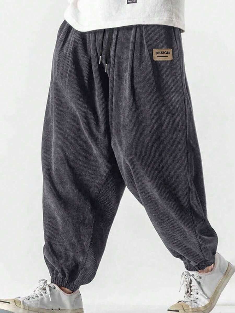 Men's Letter Printed Corduroy Casual Loose Fit Ankle Banded Warm Pants, Streetwear, Autumn/Winter