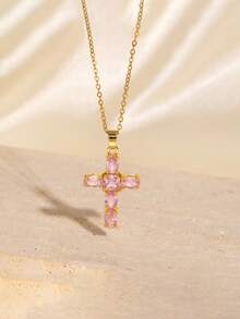 1pc Fashionable European & American Style Cross Pendant Necklace, Stainless Steel Chain Delicate Choker Necklace, Gold Chain, Cute Pink Zirconia Inlaid, Personalized Creative Everyday Wear, Holiday Party Gift