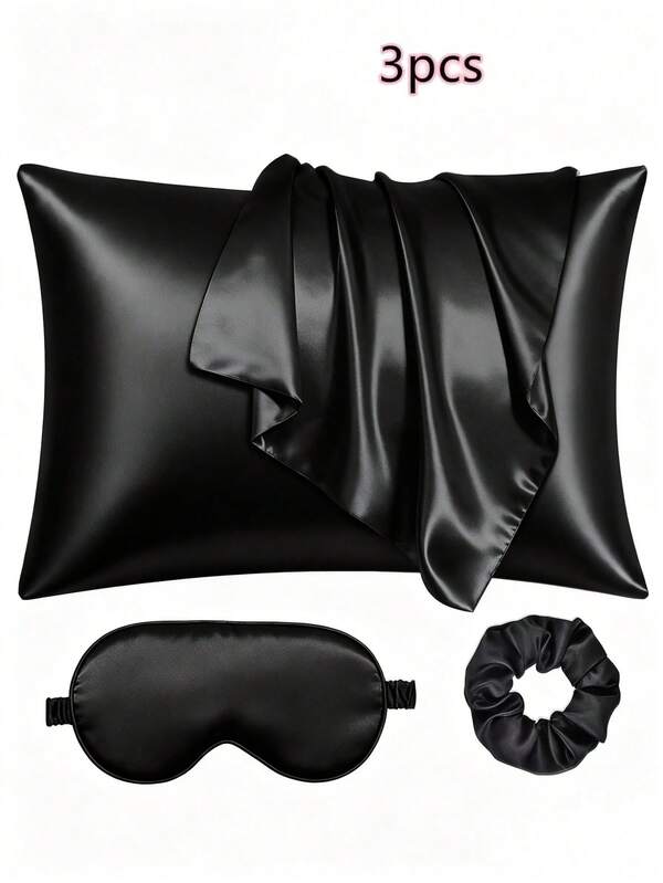Set de 3 piezas de satén para dormir | talla grande suave que el juego de funda de almohada y antifaz de seda - Incluye 1 funda de almohada de satén, 1 antifaz de satén y 1 coletero de satén, Funda de almohada 29.53 pulgadas x 19.29 pulgadas (75 cm * 49 cm), Escuela, Vuelta al colegio, Viaje, Artículos esenciales de viaje, Artículos esenciales para el hogar, Antifaz, Máscara para dormir