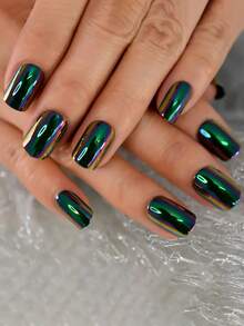 24 szt. zielonych chromowanych krótkich/średnich kwadratowych sztucznych paznokci, metaliczne lustrzane akrylowe paznokcie, wielokrotnego użytku naklejki na paznokcie z 1 pilnikiem do paznokci i 1 żelem żelowym dla kobiet/dziewcząt, do naklejania na paznokcie, artykuły do paznokci, paznokcie - Zielony - Zobacz 7