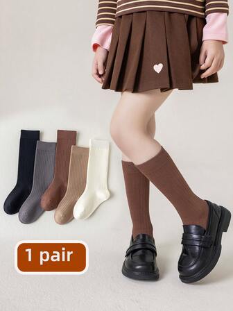1 Pair Children's Socks, Autumn/Winter, Girls' Solid Color Knee-High Socks, Slim Fit, JK Style Outerwear