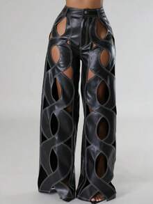 Magic Mia Women's Sexy Vegan Leather Hollow Wide Leg Pants - Hollow Out Cutout Design With High Waist | Edgy Statement Trousers For Clubwear, Night Out & Festival Events - 黑色 - 查看 3
