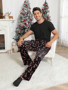 Mens Plush Pajama Pants Soft Flannel Fleece Pajama Lounge Sleep Pant Christmas Plaid Fuzzy Lounge Sleepwear Pj Bottomshalloween - 黑色拐杖糖 - 查看 2