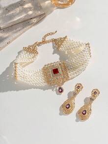Herseygold 1 Set Faux Pearl Necklace & Earrings Jewelry Set, Moroccan/Middle Eastern Style Gold Plated Bridal Accessories - Rose Gold - View 11