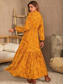 Rusttydustty 女款深蓝色随机印花V领长袖连衣裙波西米亚旅游音乐节 - 黃色 - 查看 3