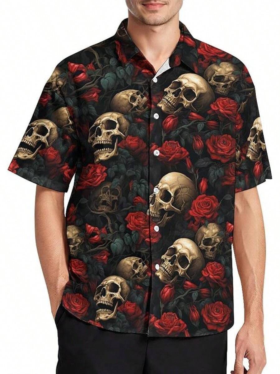 Men's Hawaiian Shirt Short Sleeve Button Down Beach Shirt Quick Dry Clothes Breathable Casual Summer Tops Dress Shirthalloween - 骷髏花玫瑰 - 查看 1