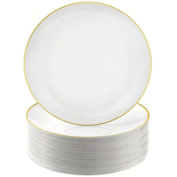 1 Set Of 20 White Gold Rimmed Round Cake/Dessert Plates, Including (7.5 Inch/10.25 Inch Serving Platters) And High-Quality Fruit Salad Plates, Reusable And Easy To Clean. Ideal For Weddings, Valentine's Day, Birthdays And Holiday Gatherings.