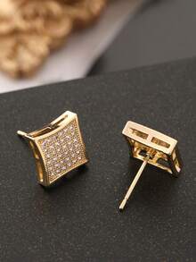 2pcs Square & Diamond Shaped Hiphop Stud Earrings For Men, Cubic Zirconia Inlaid, Minimalist & Stylish, Suitable For Couples - Diamond - View 5