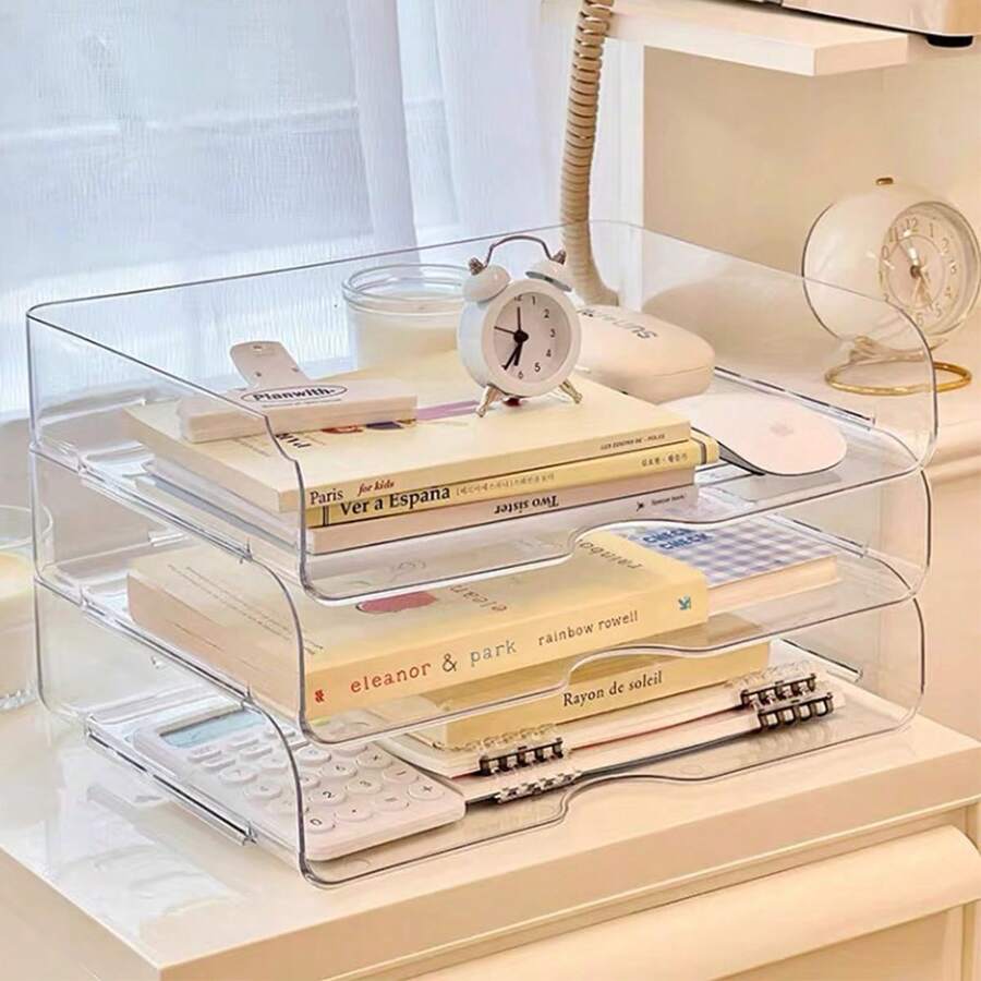 1pc Transparent Desktop File Organizer Rack, Acrylic A4 Paper Storage Box, Office Supplies Holder