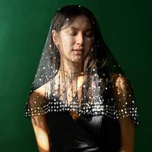 1 Pc  Black Comb-Free Bridal Veil With Rhinestones Inlaid With Sparkling Gothic Style Suitable For Halloween Theme Wedding   Us In Stock   Fast Delivery BM132 - Black - View 1