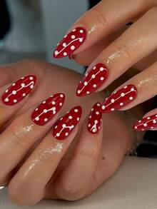 24片杏仁形美甲贴纸套装 - 瞬间提升你的美甲造型！这款新颖的艺术美甲贴纸套装以经典的酒红色为底色，饰以白色波点图案，散发着优雅的复古气息。全覆盖设计，适合女性和女孩使用。套装包含1张美甲贴纸、1个迷你指甲锉和1瓶果冻胶。随机发货。美甲用品 - 紅色 - 查看 1