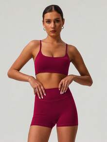 Sodalemon Women 2Pcs Fitness Sets Backless Padded Sport Bra No Front Seam Outdoor Cycling Shorts Elastic Gym Training Sport Set - 紅色 - 查看 5