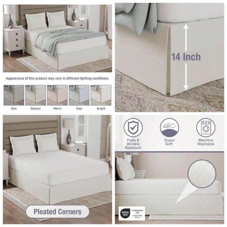 Luxury Hotel Tailored Bed Skirt, Box Pleats, 14 Inch Drop, Ivory - Twin + Ivory - View 1