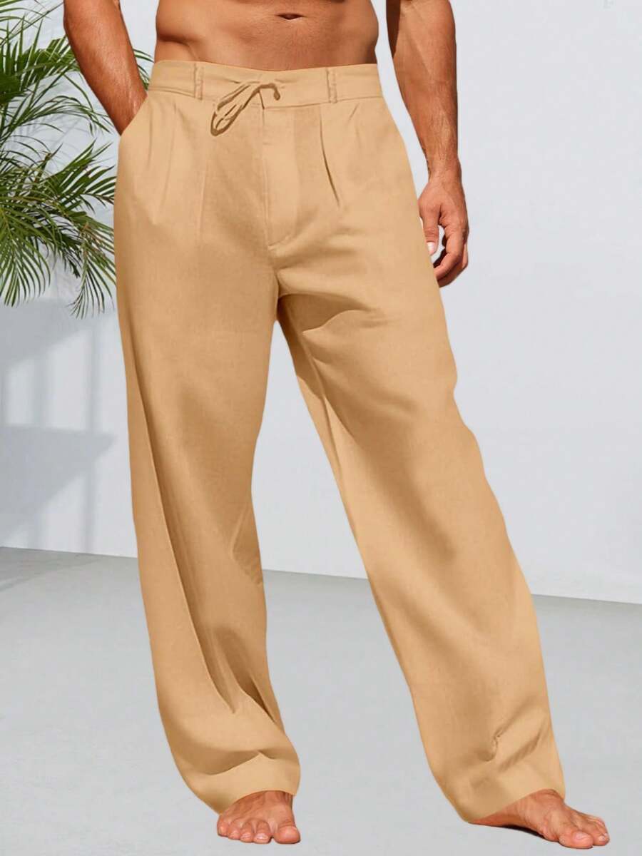 Mens Linen Cotton Casual Pants Elastic Waist Drawstring Lightweight Pants Loose Fit Summer Beach Yoga Trousers - 卡其色 - 查看 1