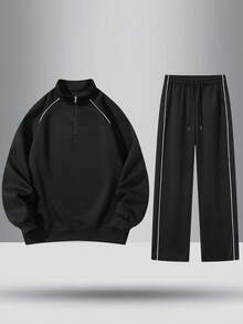 Men's Fashion Versatile Half-Zip Stand Collar Sweatshirt And Contrast Side Stripe Elastic Waist Straight Leg Pants Outdoor Casual Sports Tracksuit Set, Spring/Autumn - Black - View 1