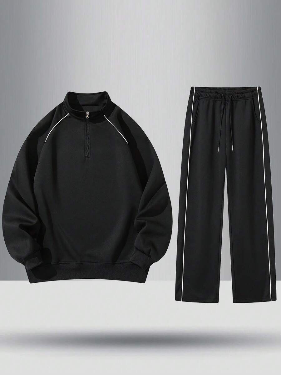Men's Fashion Versatile Half-Zip Stand Collar Sweatshirt And Contrast Side Stripe Elastic Waist Straight Leg Pants Outdoor Casual Sports Tracksuit Set, Spring/Autumn - Black - View 1