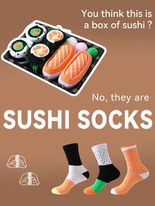 Conjunto de 3 pares de meias multicoloridas de cano médio, unissex e para casais, com estampa macia de sushi, padrões criativos inspirados em comida, confortáveis e versáteis, ideais para aniversários, Dia dos Namorados, Páscoa, Ramadã, encontros românticos, reuniões familiares, festas e um visual casual único e estiloso. - Multicolorido - Ver 11