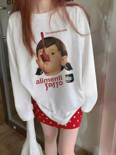 Women's Loose Fit Cartoon Girl & Letter Print Cotton Long Sleeve T-Shirt, Versatile For Spring & Autumn