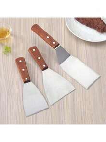 1pc 3-Edge Flat Spatula, Stainless Steel With Wooden Handle, Kitchen Cooking Tool For Griddle, Pancake, Cake - Silver - View 8