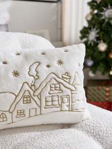 1 pièce Housse de coussin décorative de Noël en fausse fourrure avec motif de maison et sapin de Noël brodé, convient pour la décoration intérieure, housse de coussin décorative de Noël, insert de coussin non inclus