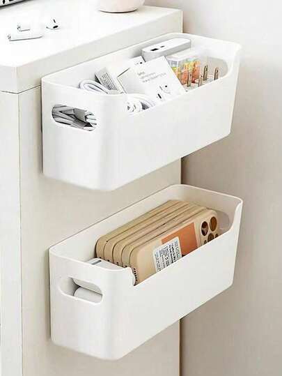 1 pieza Caja de almacenamiento blanca montada en la pared sin taladro - Organizador multiusos para gabinetes de cocina, baño y oficina