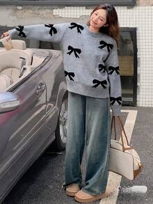 1pc Tween Girls Crew Neck Cute Casual Loose Fit Long Sleeve Knit Sweater, Suitable For Autumn/Winter - Dark Grey - View 3
