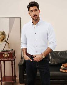 Men's Oxford Button Down Shirt Long Sleeve Regular Fit Business Casual Dress Shirts With Chest Pockethalloween - 白色 - 查看 8