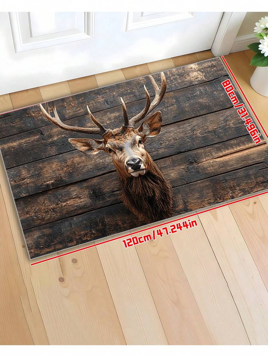 1 covor rustic cu cap de cerb, fabricat din poliester, fundal din lemn, preș de ușă în stil natural, lavabil la mașină, decor pentru casă și bucătărie, cadou excelent de Crăciun