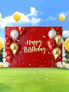 1 Stück rote und goldene "Alles Gute zum Geburtstag" Fotografie Hintergründe mit Glitzersternen, Luftballons, goldenem Band, Party Banner 150 x 100 cm / 210 x 150 cm / 270 x 180 cm Foto Hintergrund für Innen- und Außenbereich, Babyparty Dekoration