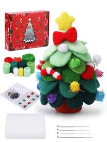 1 Set Christmas Needle Felting Kit, Beginners Wool Felting Kit Adult, Christmas Deer, Christmas Tree,Complete Needles Felting Tools And Supplies With Wool Roving, Felting Needles, Pad, Instruction