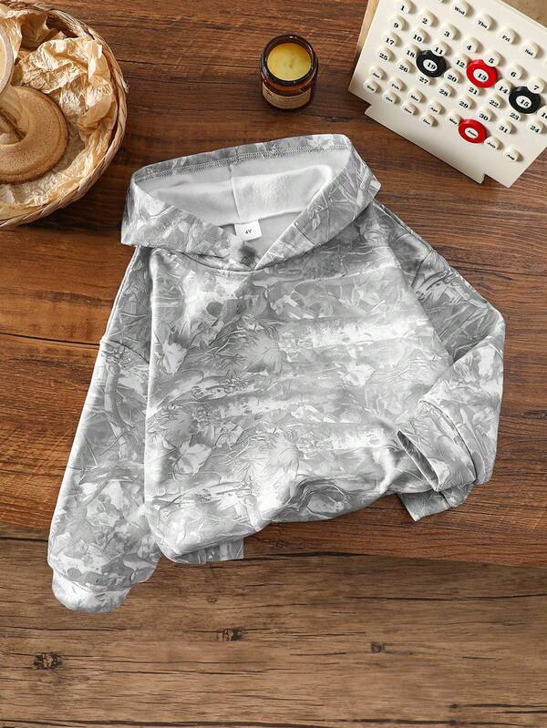 Boys' Outdoor Casual Sports Fashionable Hoodie Sweatshirt, Gray & White Floral, Long Sleeve, Suitable For Holiday Gifts