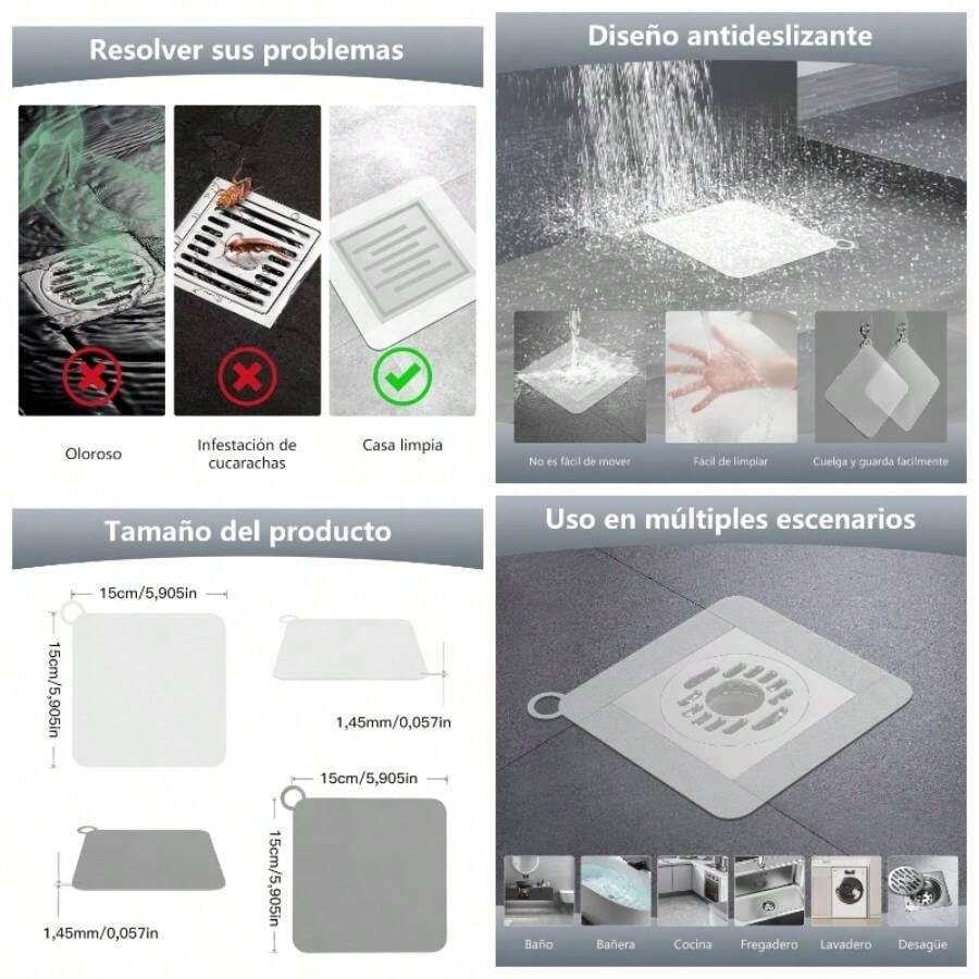 Tapa Coladeras para Regadera Silicona 4 Piezas Tapas de Plstico de Coladera Cuadrados Cubiertas para Coladeras de Desage Antiolor Anticucarachas para Baera Cocina Bao Balcn Lavadero Lavabos Patio - 2 Transparente y 2 Gris - Ver 1