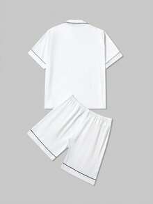 男式加大码撞色滚边翻领短袖衬衫和短裤家居服套装